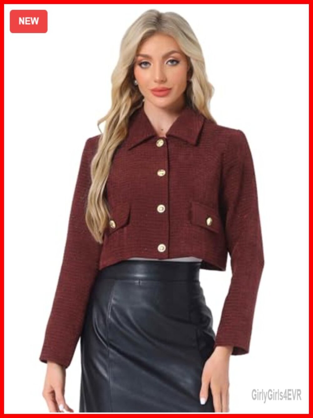 Womens Tweed Crop Blazer Jacket Button Down Casual Work